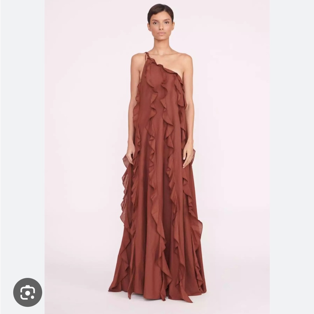 STAUD April One-Shoulder Ruffle Dress in Rich Brown